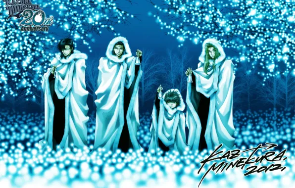 Картинка зима, аниме, арт, парни, колокольчики, шубы, Kazuya Minekura, Saiyuki Reload