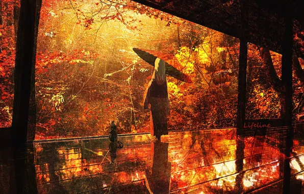 Картинка осень, девушка, зонт, крыльцо, Lifeline