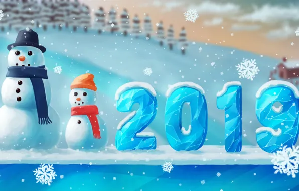 Картинка цифры, снеговики, снеговик, ice, house, new year, hat, winter, snow, tree, cute, number, snowflake, scarf, …