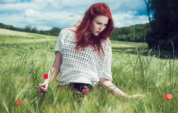 Картинка поле, девушка, поза, маки, рыжая, Guennadi Ivanov-Kuhn