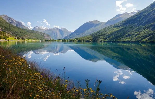 Картинка лето, небо, облака, горы, озеро, отражение, спокойствие, Норвегия