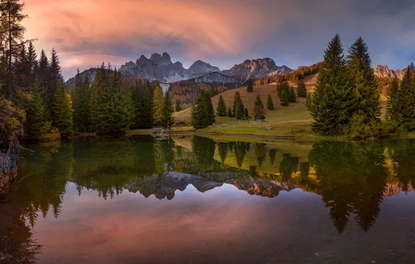 Картинка пейзаж, закат, горы, природа, озеро, отражение, склоны, Австрия, леса, Almsee, Friedrich Beren, Альмзе