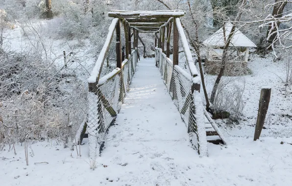 Картинка зима, снег, деревья, мост, white, landscape, winter, snow, tree