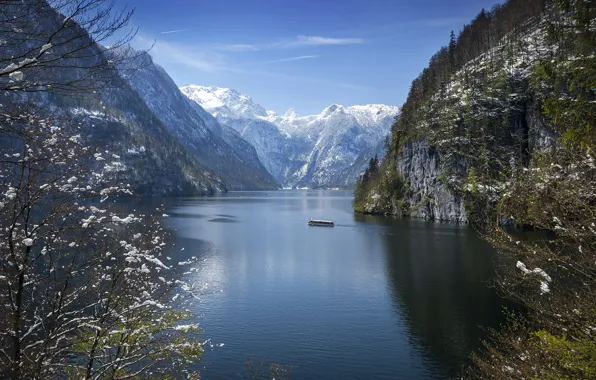 Картинка снег, пейзаж, горы, природа, озеро, Германия, Бавария, Альпы, Кёнигсзе, Koenigssee