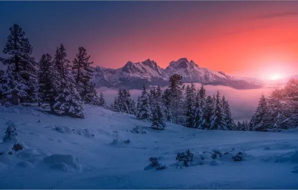 Картинка зима, снег, деревья, пейзаж, закат, горы, природа, сугробы