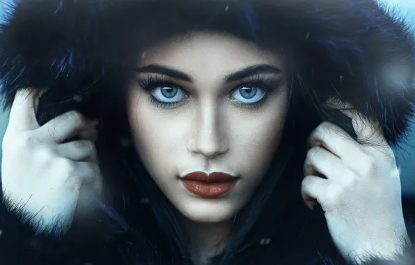 Картинка girl, photo, blue eyes, model, lips, face, portrait, hood, mouth, close up, red lipstick, lipstick, …