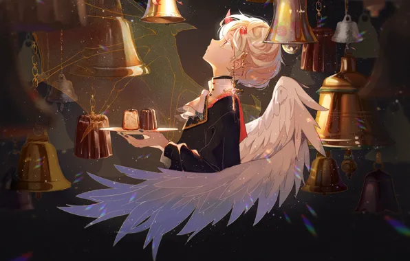 Картинка девушка, крылья, ангел, демон, колокольчики, десерт, рожки