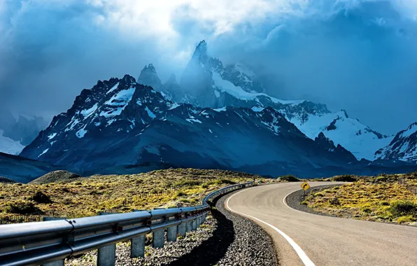 Картинка road, sky, landscape, nature, sunset, Argentina, mountains, clouds, bokeh, Patagonia, shrubs, snowy peak, peak