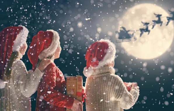 Картинка снег, дети, праздник, новый год, рождество, подарки, олени