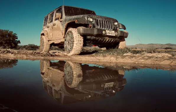 Картинка Car, Sky, Water, SUV, Wrangler, Jeep, Desert, Offroad, Mud, Angel Rodarte