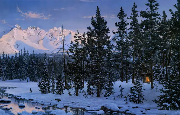 Картинка зима, лес, избушка, домик, Jay Kemp