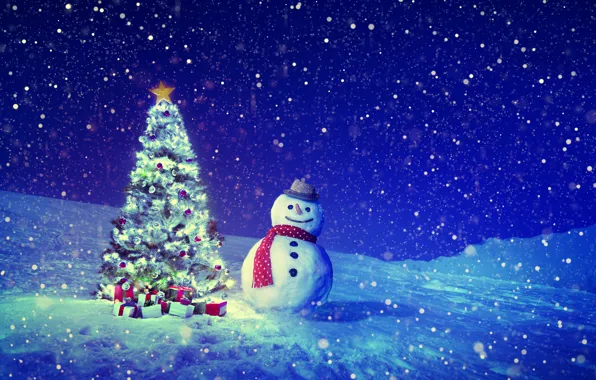 Картинка зима, снег, ночь, коробка, графика, звезда, шарф, Рождество, сугробы, подарки, Новый год, снеговик, снегопад, боке, …