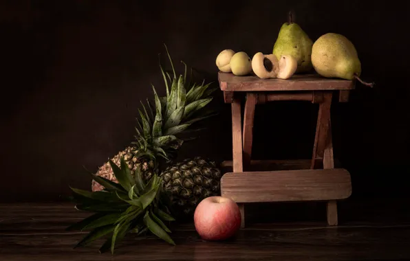 Картинка темный фон, стол, яблоко, фрукты, натюрморт, груши, абрикосы, ананасы, табурет