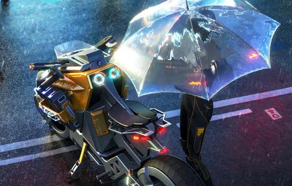 Картинка дождь, транспорт, зонт, арт, мотоцикл, sci-fi