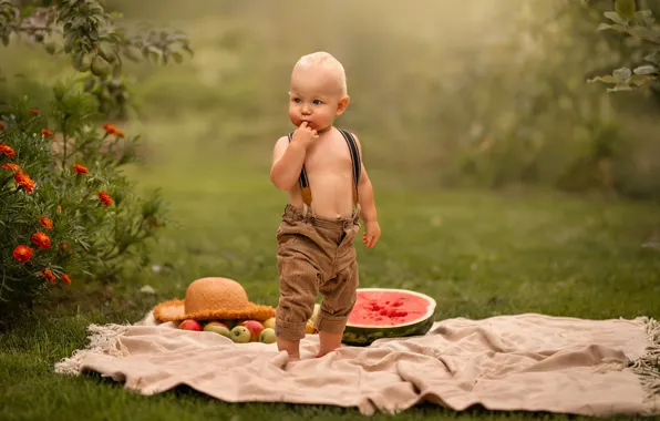 Картинка поляна, мальчик, арбуз, Елена Чернигина