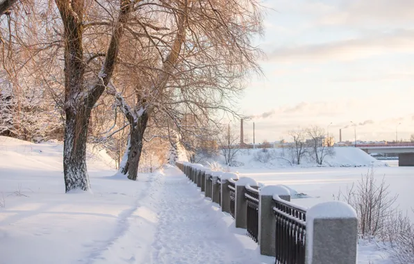 Картинка зима, снег, деревья, река, рассвет, утро, мороз, сугробы, россия, питер, холодно, выборг