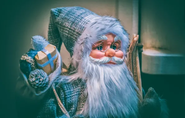 Картинка зима, фон, праздник, игрушка, кукла, очки, Рождество, подарки, Новый год, дедушка, борода, Санта Клаус, Дед …