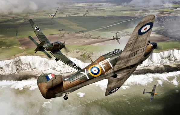 Картинка Битва за Британию, 1940, Bf.109E, WWII, Hawker Hurricane Mk.I, Белые скалы Дувра, Ju.87B, 43 Sqn …