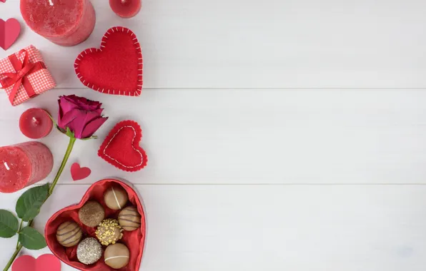 Картинка подарок, шоколад, розы, конфеты, сердечки, красные, red, love, wood, flowers, romantic, hearts, chocolate, valentine's day, …