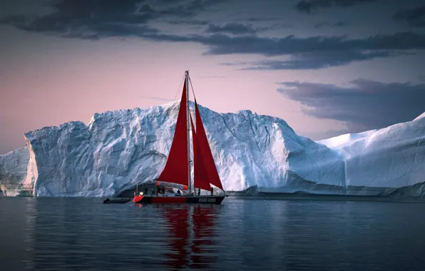 Картинка море, яхта, льды, айсберги, Гренландия