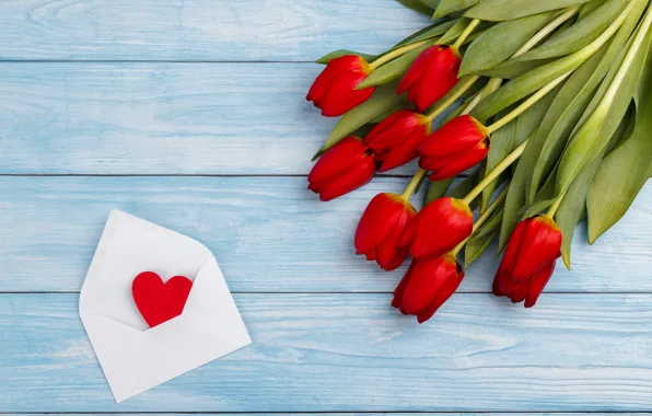 Картинка любовь, букет, сердечки, тюльпаны, красные, red, love, wood, flowers, romantic, hearts, tulips, valentine's day