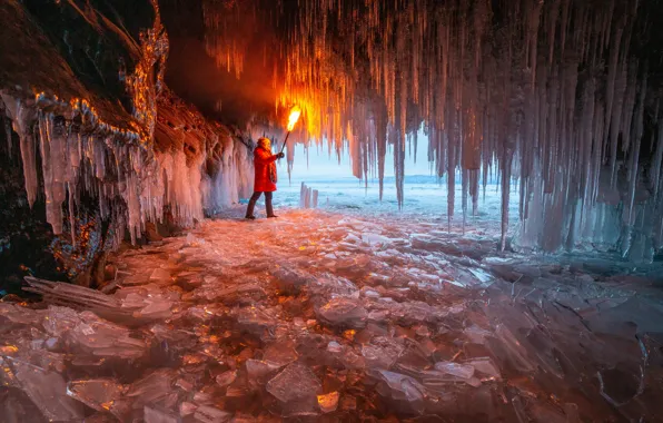 Картинка зима, свет, природа, лёд, сосульки, факел, грот, Alfia Safuanova