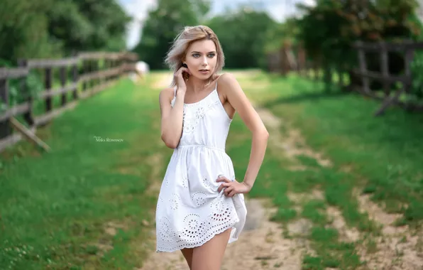 Картинка Девушка, сад, платье, блондинка, Maksim Romanov