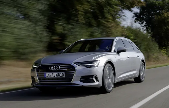 Картинка Audi, скорость, 2018, универсал, серо-серебристый, A6 Avant