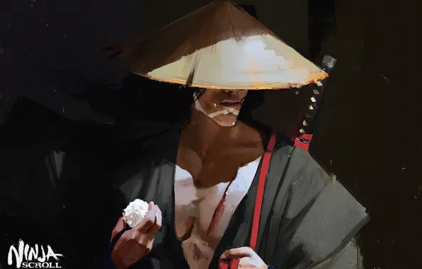 Картинка катана, самурай, рис, японская одежда, art, рукоятка, соломенная шляпа, Maciej Kuciara, Jubei, Манускрипт ниндзя, Ninja …