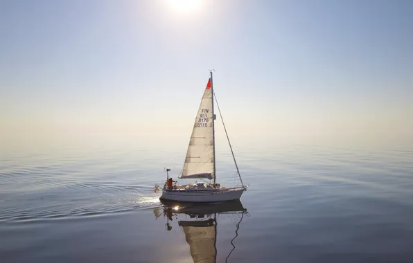 Картинка море, солнце, лодка, горизонт, парус, дымка, Северные плавания, Спокойное плавание по Балтийскому морю, Calm sailing …