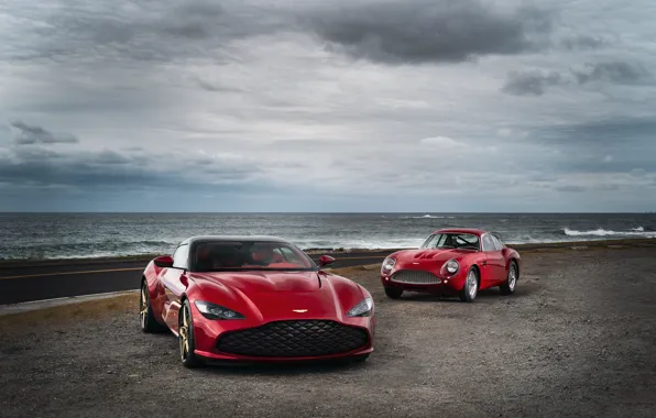 Картинка Aston Martin, красные, на берегу, Zagato, 2020, DB4 GT Zagato Continuation, DBS GT Zagato