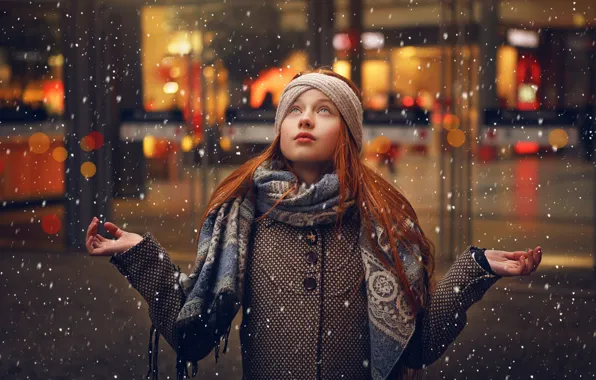 Картинка снег, девочка, рыжеволосая, пальто, j e t t e, Ahmed Hanjoul