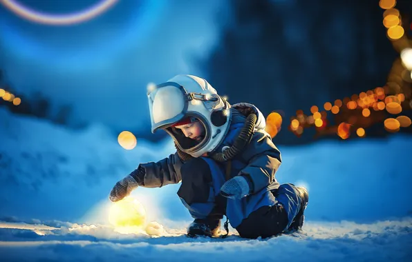 Картинка зима, снег, космонавт, скафандр, костюм, ребёнок, боке, Ксения Лысенкова