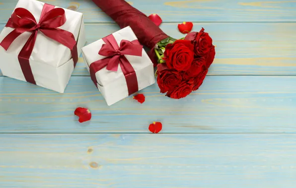Картинка цветы, подарок, розы, букет, красные, red, love, flowers, romantic, valentine's day, roses, gift box
