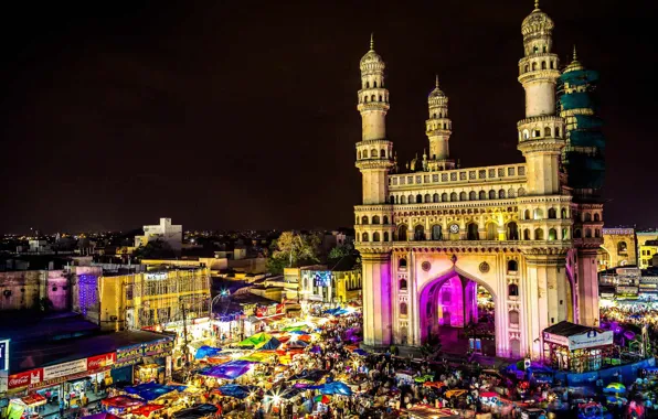 Картинка ночь, огни, Индия, рынок, базар, Хайдарабад, Чарминар