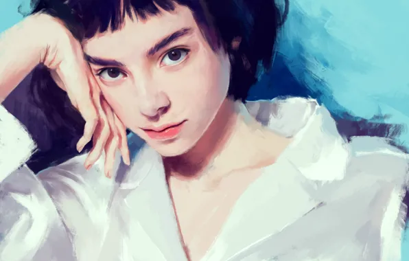 Картинка лицо, рука, черные волосы, art, чёлка, портрет девушки, белая блузка, Klara Blanc, Arkamness