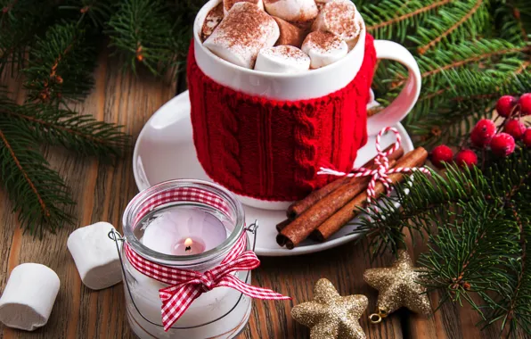 Картинка украшения, Новый Год, Рождество, christmas, wood, cup, merry, какао, decoration, fir tree, hot chocolate, marshmallow, …