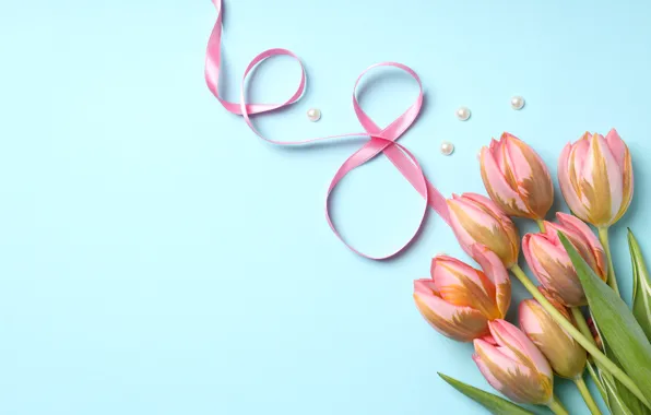 Картинка цветы, тюльпаны, happy, 8 марта, pink, flowers, tulips, spring, celebration, ribbon, женский день, 8 march, …