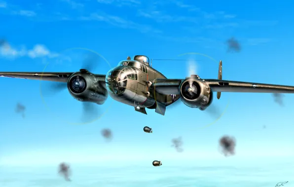 Картинка Бомбардировщик, USAF, Средний, B-25J, B-25 Mitchell, Авиабомба, Радиальный двигатель Wright R-2600 ''Cyclone''