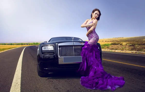 Картинка авто, взгляд, Девушки, азиатка, красивая девушка, Rolls-royce, позирует над машиной