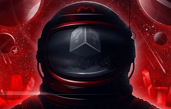 Картинка космос, планета, скафандр, шлем, Mario, красный фон
