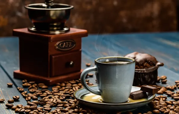 Картинка кофе, шоколад, зерна, чашка, аромат, кофейные, кекс, кофемолка