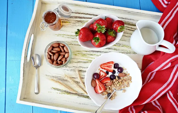 Картинка завтрак, молоко, клубника, мед, виноград, орехи, nuts, strawberry, мюсли
