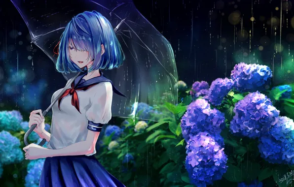 Картинка девушка, цветы, зонтик, дождь, зонт