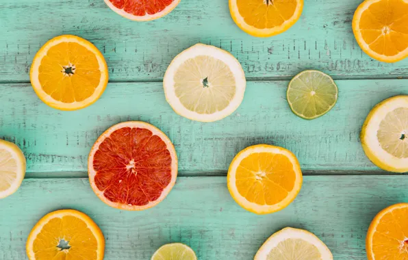 Картинка лимон, апельсин, lemon, фрукты, wood, ломтики, грейпфрут, fruit, orange, citrus, grapefruit, slice