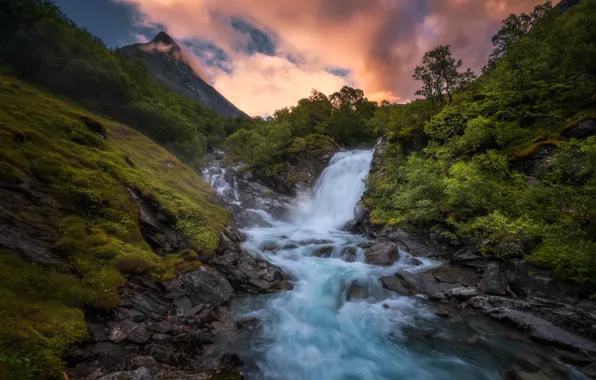 Картинка горы, река, растительность, водопад, Норвегия, Norway, Стрюн, Stryn