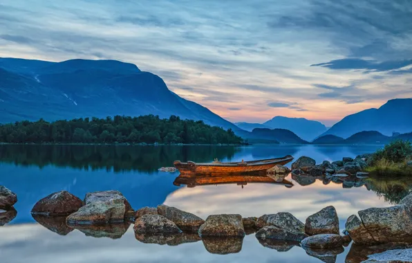 Картинка озеро, камни, лодка, Норвегия, Norway, Valdres