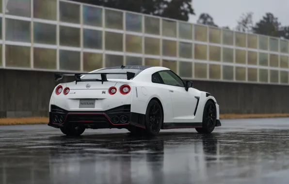 Картинка белый, Nissan, GT-R, мокрый асфальт, R35, Nismo, 2019