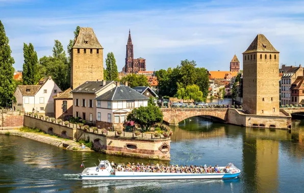 Картинка мост, Франция, корабль, Страсбург, Вобанская плотина, Barrage Vauban
