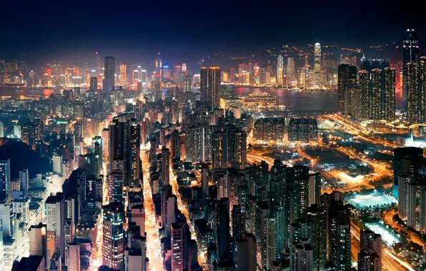 Картинка China, Китай, Hong Kong, Гон-Конг, огни ночного города, вид с высоты
